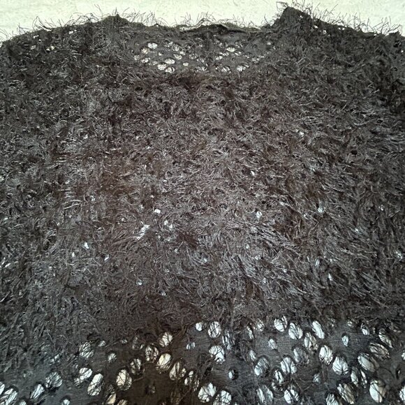 Tara Vao Women's Fuzzy Sweater Medium Open Knit Sheer Faux Fur Black Cozy - Picture 8 of 8